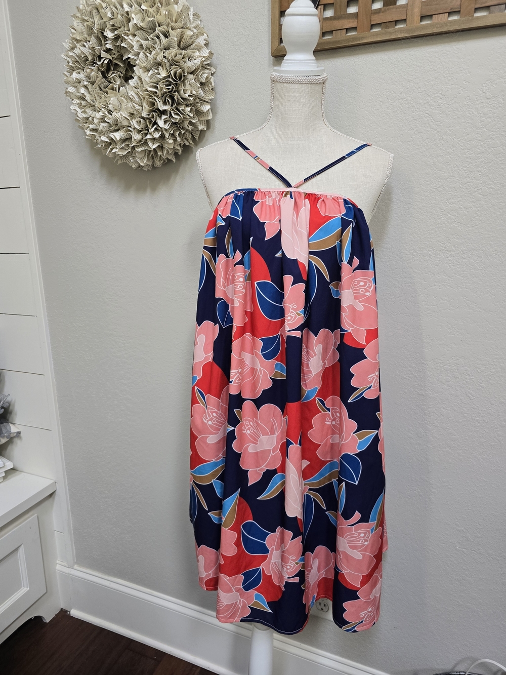Navy Floral Sundress with Pink Blossoms